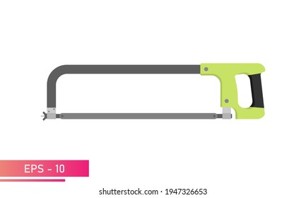 Metal hacksaw, with a convenient green handle. Realistic design. On a white background. Tools for workers. Flat vector illustration.