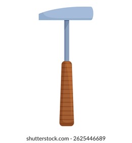 Metal hammer with a wooden handle is standing vertically on a white background