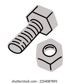 Icono de perno dibujado a mano de metal. Concepto de servicio de reparación. Engeniería, tecnología y metalurgia. Dibujo vectorial plano de caricatura del tornillo o tornillo aislado en el fondo blanco.