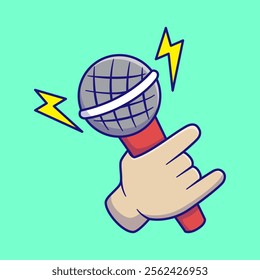 Metal Hand Holding a Microphone With Lighting Bolts Cartoon Vector Illustration. People Music Concept. Flat Cartoon Outline Style.