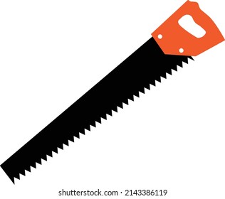 metal hand saw with orange handle on white background. carpenter symbol. home handsaw icon. construction instrument sign. flat style.