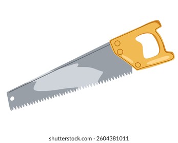 Metal hand saw with yellow handle isolated on white. Cartoon steel hacksaw for cutting metal and wood. Tool builder, gardening, repairmen. Home handsaw vector icon. Construction instrument