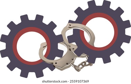 Metal handcuffs are blocking two gears, representing the concept of industrial espionage