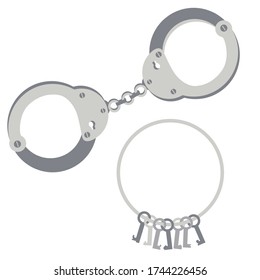 Metal Handcuffs And A Bunch Of Keys. Cartoon Vector Illustration.  Metal Handcuffs Isolated On White Background.