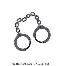 Metal handcuffs, chain-linked bracelets, shackles. Police inventory for restraining criminals and disorder offenders. Flat vector.