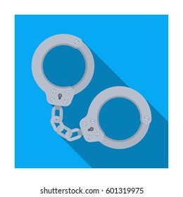 Metal handcuffs for detaining criminals. Outfit of a policeman.Prison single icon in flat style vector symbol stock illustration.