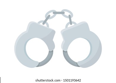 Metal handcuffs flat vector illustration. Steel police shackles isolated clipart on white background. Law and arrest symbol. Police professional equipment. Closed hand cuffs cartoon design element