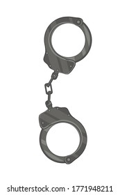 Metal handcuffs isolated on white background. Equipment of a policeman concept. Vector illustration of handcuffs in gray color. Manacle for detaining criminals.