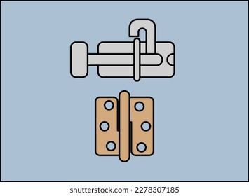 Metal hasp and brass hinge on a blue background