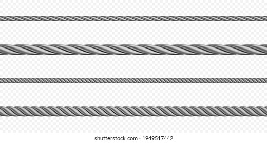 Metal hawser, rope, steel cord of different sizes, silver colored twisted cables or strings. Decorative sewing items or industrial objects isolated on transparent background Realistic 3d vector set