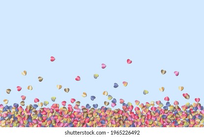 Metal heart sequins on pastel blue background. Vector illustration.