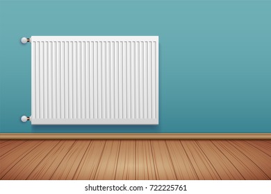 Metal Heating radiator in room. Modern Central heating system equipment. Water and steam model for wall. Vector Illustration