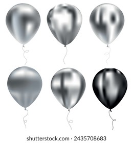 Metal helium balloons set. Vector Inflatable flying balloons in silver chrome color with shadows and highlights,vector illustration isolated on a white background.