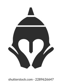 Metal helmet of crusader or fighter. Iron mask with space for eyes, historical artifacts and exhibition. Medieval or ancient warrior or knight equipment isolated monochrome icon. Vector in flat style