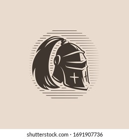 Metal helmet from medieval warrior with ponytail. Knight armour. Vector illustration.