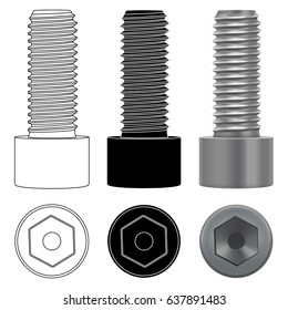 Metal Hex Bolt. Outline And Silhouette Drawing. Vector Illustration Isolated On White Background