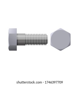 Lado del tornillo hexagonal metálico y vista frontal. Fijadores metálicos. Conexión perdida. Ilustración vectorial aislada en fondo blanco con un estilo realista