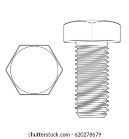 Metal hex bolt. White outline icon. Vector illustration isolated on white background