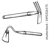 Metal hoe with wooden handle. Vector illustration of a hoe on a white background. Black and white drawing.