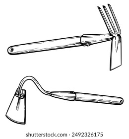 Metal hoe with wooden handle. Vector illustration of a hoe on a white background. Black and white drawing.