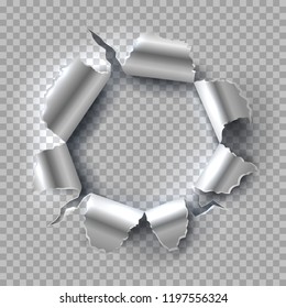 Metal hole. Exploding steel with torn, ripped edges isolated on transparent background. Vector grunge background. Illustration of hole in metal, break and torn aperture