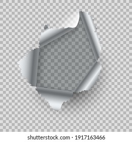 Metal hole. Realistic burst metal with ragged torn hole, steel rip burst, damaged chrome wall with curled pieces, open gap, empty bullets ripping page vector 3d illustration on transparent background