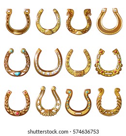 Metal horse equipment set of gold ornate horseshoes in cartoon style on white background isolated vector illustration
