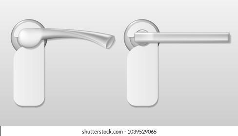 Metal Hotel door handle Lock with white blank hanger Isolated. Door knob mockup with no disturb empty tag. vector illustration