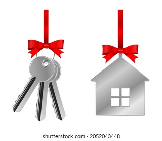 metal house key gift with red bow and ribbon icon