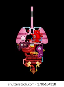 Metal Human anatomy organs. Artificial organ. Cybernetics future. Robot Systems of man body. Robotic  Internal organs. Iron Cyborg Esophagus Organs systems body. medical systems. vector illustration