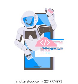 Máquina de robots humanoides metálicos de la pantalla Smartphone Sonriente y mostrando imágenes de vectores de gesto de subida