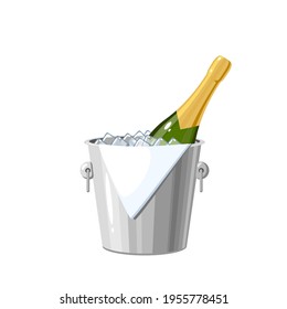 Metal ice bucket, chilled champagne bottle in wine cooler. Vector illustration cartoon flat icon isolated on white background.