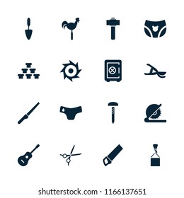 Metal icon. collection of 16 metal filled icons such as children panties, safe, trowel, garden tools, weather vane, saw, gold, nail. editable metal icons for web and mobile.
