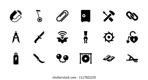 Metal icon. collection of 18 metal filled icons such as compass, magnet, garden tools, heart lock, gong, clip, energetic drink, saw. editable metal icons for web and mobile.