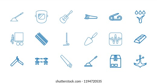 Metal icon. collection of 18 metal outline icons such as pin, bllade razor, gold, saw, cargo container, anchor, arm lever. editable metal icons for web and mobile.
