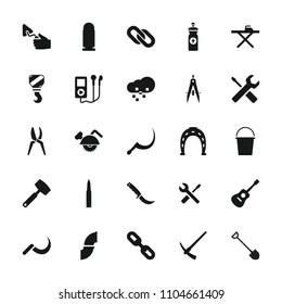 Metal icon. collection of 25 metal filled icons such as horseshoe, ironing table, trowel, wrench and screwdriver, energy drink. editable metal icons for web and mobile.