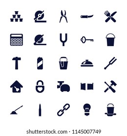 Metal icon. collection of 25 metal filled icons such as dish, bucket, calculator, circular saw, paint bucket, fork and knife. editable metal icons for web and mobile.