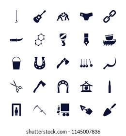 Metal icon. collection of 25 metal filled icons such as gong, children panties, cradle, hoe, scythe, gardening knife, axe. editable metal icons for web and mobile.