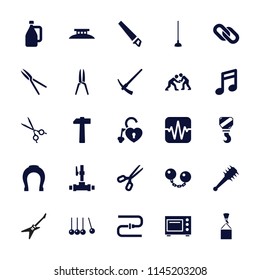 Metal icon. collection of 25 metal filled icons such as scissors, note, cradle, hoe, garden tools, heart lock, medical scissors. editable metal icons for web and mobile.