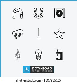Metal icon. collection of 9 metal filled and outline icons such as vice clamp, gong, horseshoe, keyhole, sheriff, horseshoe. editable metal icons for web and mobile.
