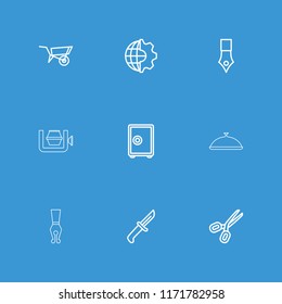 Metal icon. collection of 9 metal outline icons such as wheel barrow, scissors, safe, ink pen, clobe gear, knife, dish. editable metal icons for web and mobile.
