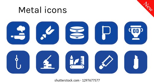  metal icon set. 10 filled metal icons. Simple modern icons about  - Pipe, Fork, Bracelet, Saw, Trophy, Hook, Axe, Swiss army knife, Cutter