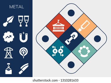 metal icon set. 13 filled metal icons.  Simple modern icons about  - Shovel, Crane, Knife, Electric tower, Electrode, Gear, Magnet, Kunai, Crutches, Saw, Container, Tambourine