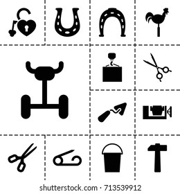 Metal icon. set of 13 filled metal icons such as pin, horseshoe, bucket, trowel, vice clamp, hook with cargo, weather vane, heart lock, medical scissors, hammer, horseshoe