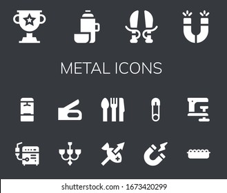 metal icon set. 14 filled metal icons.  Simple modern icons such as: Trophy, Thermo, Sword, Magnets, Welder, Locker, Chandelier, Stapler, Spear, Cutlery, Magnetism, Safety pin