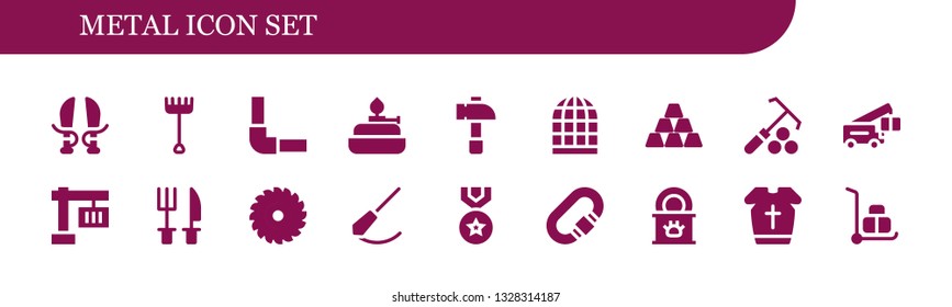 metal icon set. 18 filled metal icons.  Simple modern icons about  - Sword, Rake, Pipeline, Burner, Hammer, Bird cage, Ingot, Crane, Cutlery, Saw, Pendulum, Medal, Carabiner, Tinned food