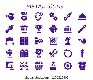  metal icon set. 30 filled metal icons. Simple modern icons about  - Pipe, Medal, Carabiner, Cogwheel, Kunai, Dinner, Waste, Trophy, Punk, Bird cage, Peeler, Saw, Lockers, Gong