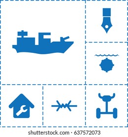 Metal icon. set of 6 metal filled icons such as home repair, wire fence, water military, wheel