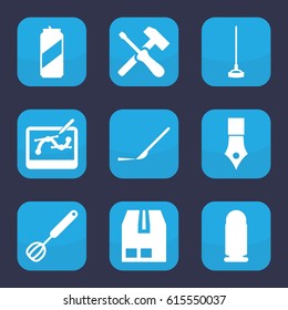 Metal icon. set of 9 filled metal icons such as hoe, scalpel, cargo container, corolla, beer can, pen tool on tablet, bullet, ink pen