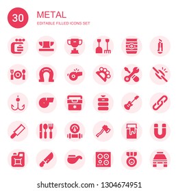 metal icon set. Collection of 30 filled metal icons included Vise, Anvil, Trophy, Shovel, Beer can, Dinner, Horseshoe, Whistle, Brass knuckles, Tools, Hook, Fridge, Beer keg, Electric guitar